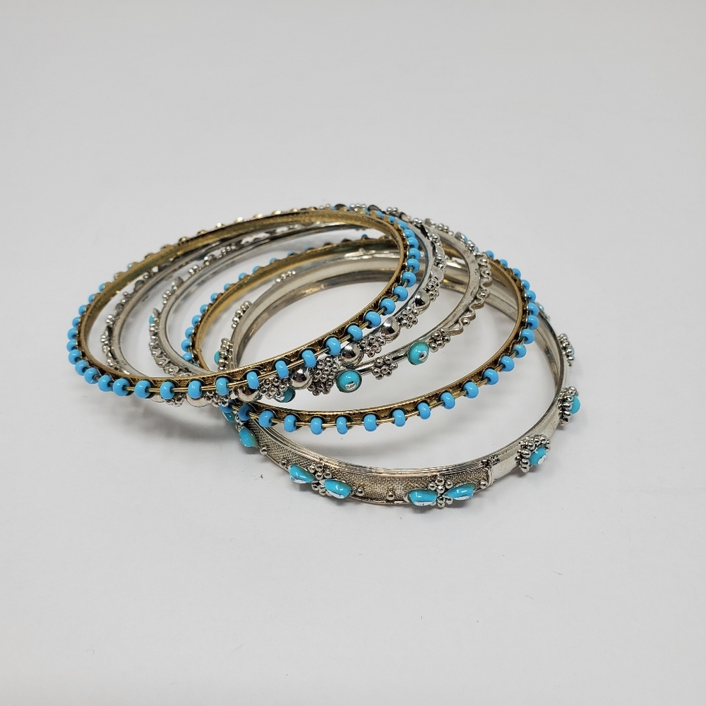 Silver toned & Beaded set of 5 bangle bracelets